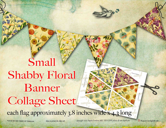 Art Tea Life Small Shabby Floral Banner Flags Digital File Collage Sheet Party Invitation Vintage Decoration Office Herb Botanical Garland