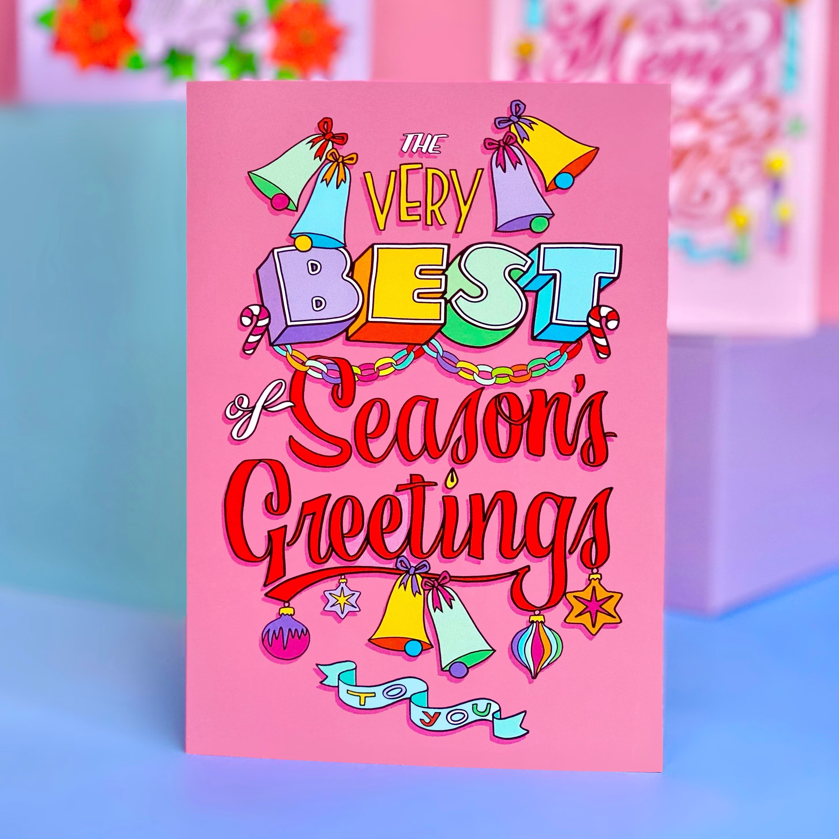 Best Of Seasons Greetings Christmas Card - Colourful Lettering Festive Phrase