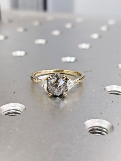 Raw Diamond Oval Triangle Diamond, Salt & Pepper, Unique Engagement Ring, Rose Cut Geometric 14K Gold, Custom Handmade