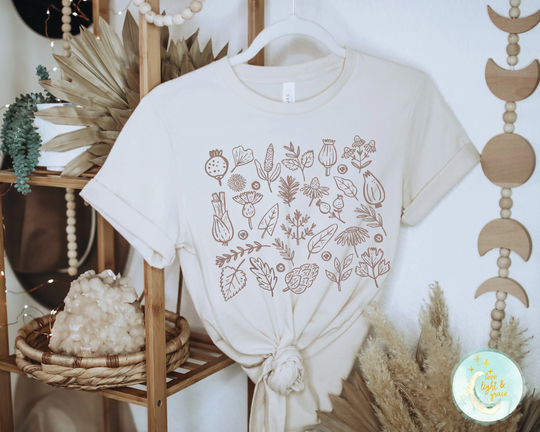 Boho Floral Botanical Graphic Print Tee Bohemian T-Shirt Herb Garden Shirt Herbal Gifts For Gardener Nature Plant Tshirt Women's Tees
