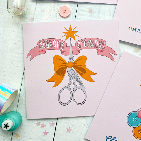 Seasons Greetings Stork Scissors Bow Card - Christmas Sewing Supplies For Dressmakers Sewists