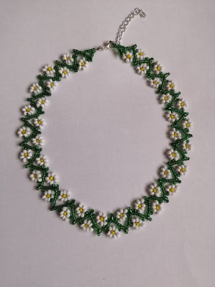 Floral Flower Daisy Seed Bead Necklace Weave White Green Boho 16"-18