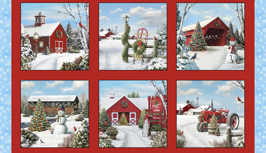 Tis The Season, Beautiful, Christmas, Winter Blocks, Church, Barn, Covered Bridges, Tractor, Elizabeth's Studios, 13002Red, 24-Inch Panel