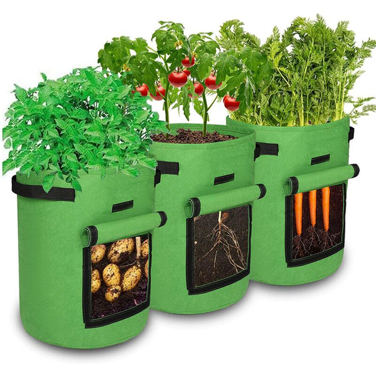3 Waterproof Garden Planting Bags, Grow Bag, Non-Woven Fabric Plant Bag for Potato / Strawberry / Flower Air Permeable, 10 Gallon with Handles and