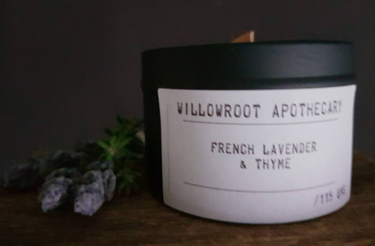 French Lavender & Thyme Strong Scented Soy Wax Candle With Wood Wick/Cotton By Willowroot Apothecary