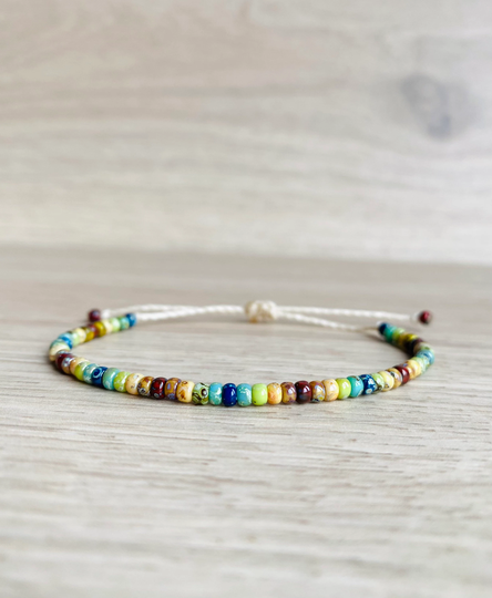 1 Rainbow Boho Seed Beads Bracelet Or Anklet || Waterproof Adjustable Stacking Beaded Jewelry Waxed Cord Summer Gift For Women