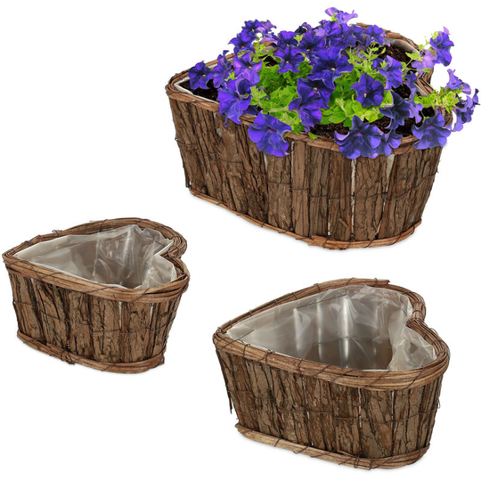 Relaxdays - Flowerpot, Set of 3, Heart Shape, Flowers & Herbs, Plant Basket with Foil, 3 Sizes, Wooden Planter, Natural