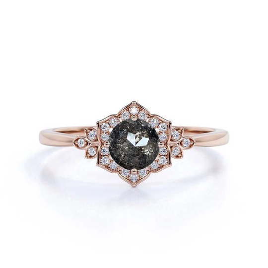 Salt & Pepper Diamond Round Cluster Ring | Art Deco Inspired Dainty Engagement 9K, 14K, 18K Rose/White Gold Bridal