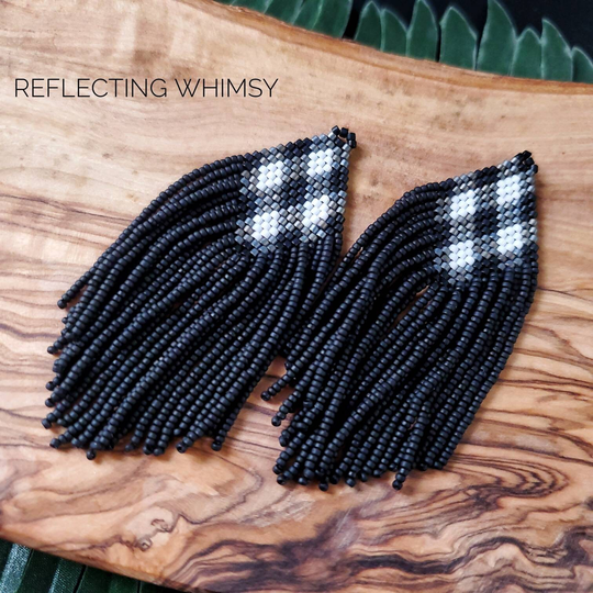 Buffalo Plaid + Matte Black, Seed Bead Fringe Earrings, Christmas Gift For Women This Holiday Season