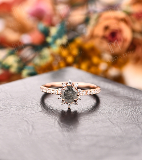 Halo Salt & Pepper Diamond Women's Wedding Ring Rose Gold 18K// Vintage Natural Engagement Ring// Anniversary Promise Proposal
