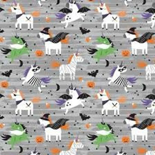 Camelot Unicorns Always in Season Fabric Collection Unicorn Mummies On Grey Qsq100% Cotton