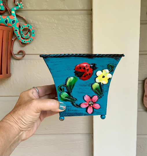 Free Shipping-Vintage Fun & Colorful Metal Cache Planter With 3-D Flowers & Ladybug-Plant Decor-Bohemian-Eclectic Decor-French Cottage