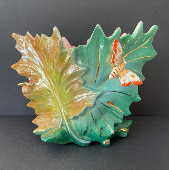 G. Girardi | Signed Leaf Lustre Vase. Decorated With Butterfly & Ladybird. Vintage Italian Majolica Vase