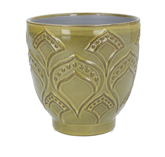 Chartreuse Green Mustard Pot - Retro Damask Leaf Pattern Glazed Ceramic Stoneware House Plant Cover Indoor Succulent Planter, Bohemian