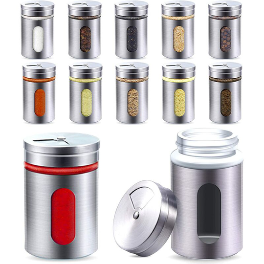 12 spice jars silver i spice shaker stainless steel set 80ml i with viewing window & 3-way sprinkler control i spice jars for spices / herbs