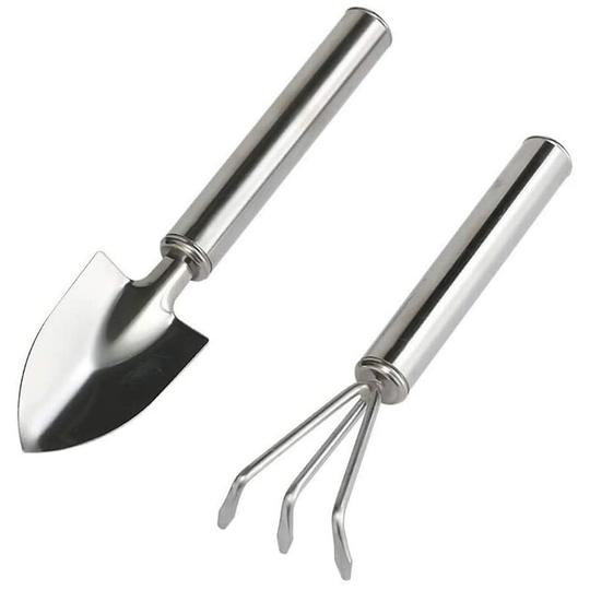 Osqi - Gardening Tools Set, 2 Piece Stainless Steel Handle Garden Hand Tools Miniature Gardening Rake Shovel for Seedlings, Bonsai, Succulents,