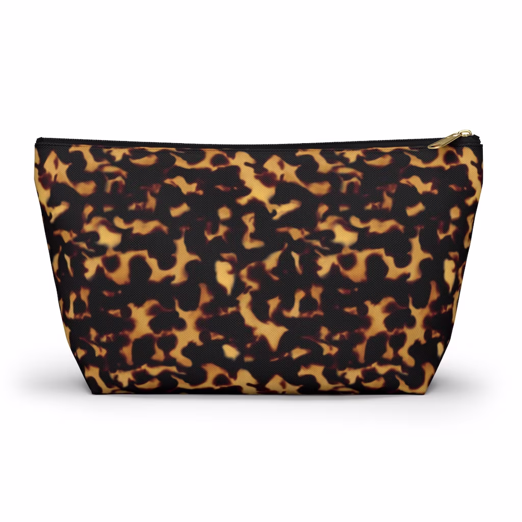 Tortoiseshell Print Accessory Zipper Pouch, Make-Up Cosmetic Travel Bag W T-Bottom, Tortoise Pencil Case, Black/Gold