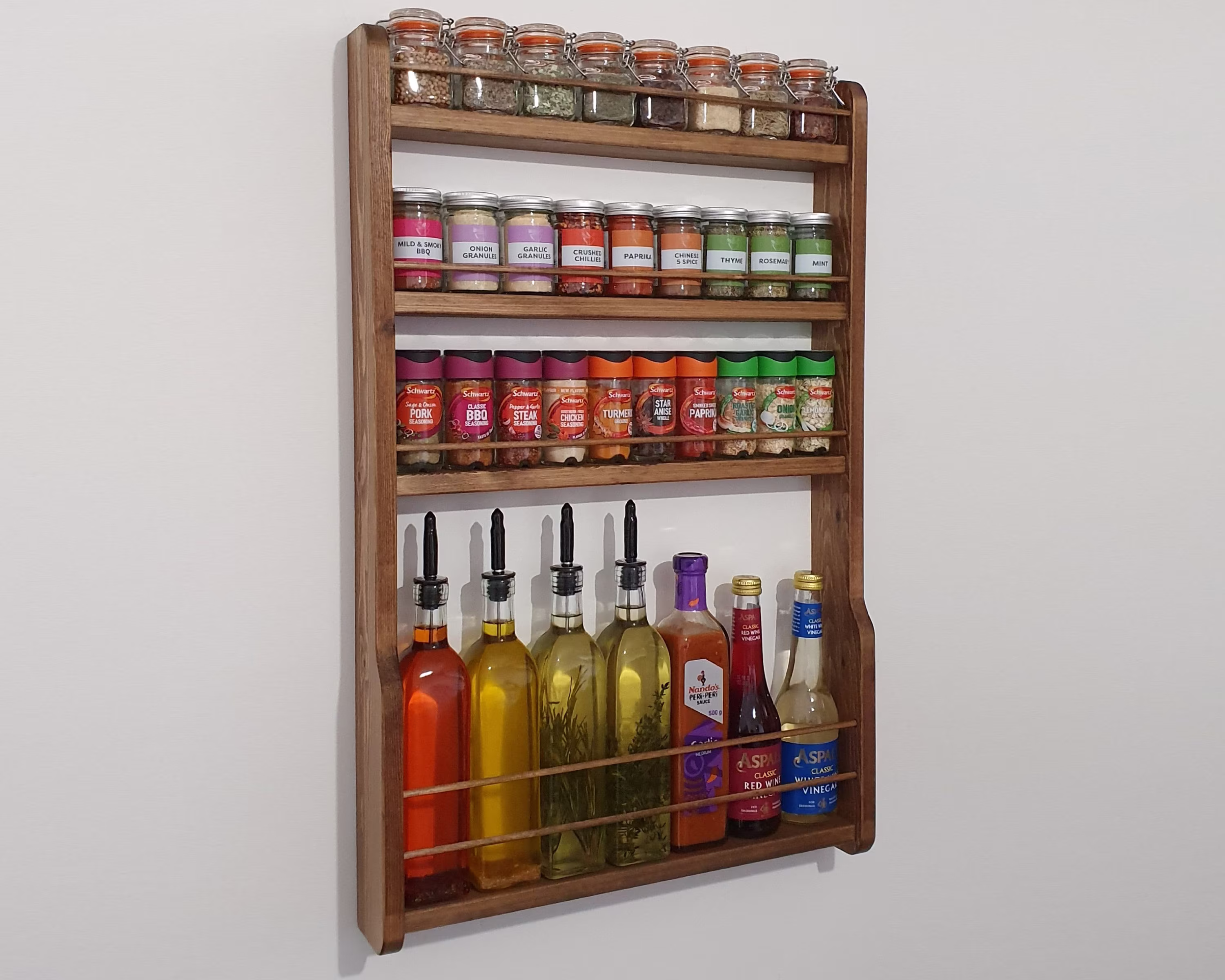 Spice & Oil Rack Rustic 2-4 Shelf Handmade Wooden Wall Mountable Kitchen Storage