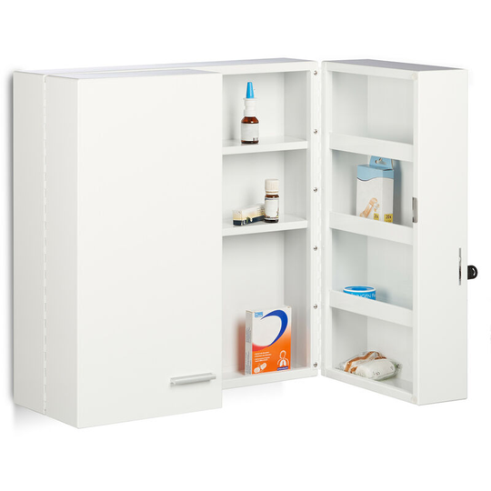 Xxl Medicine Cabinet, Premium Locking w/ 2 Doors, 11 Compartments, HxWxD: 53 x 53 x 20 cm, First Aid Cupboard, White - Relaxdays