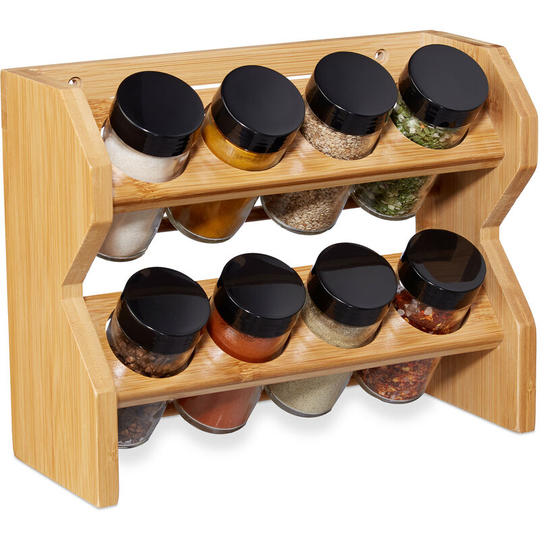 Spice Rack with 8 Storage Jars, Shaker Inserts & Screw Caps, Standing & Hanging, Bamboo Shelf, Natural - Relaxdays