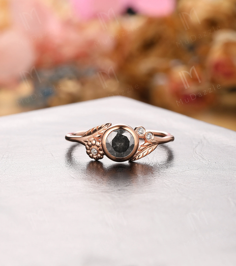 Valentine's Gift// Salt & Pepper Moissanite Promise Ring 18K Solid Rose Gold// Gray Wedding Ring// Ladies' Ring//Vine Shaped