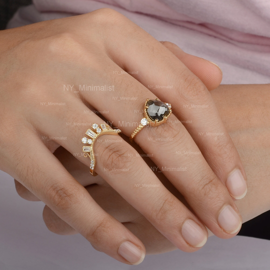 Geometric Rough Pepper Salt Gray Diamond & Baguette Diamonds Nesting Crown Two Rings Set Solid 14K Yellow Gold Certified Jewelry