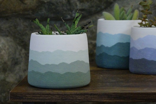 Green Mountain Ridges - Handmade Ceramic Pottery Planter Succulent Pots With Saucer, Mountains White Apartment Plant Indoor Home Decor