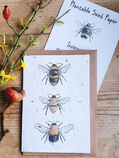 Plantable Seed Bee Card. Three Bees Painting. Original Artwork. English Garden. Spring. Bee Eco Recyclable Bumblebee