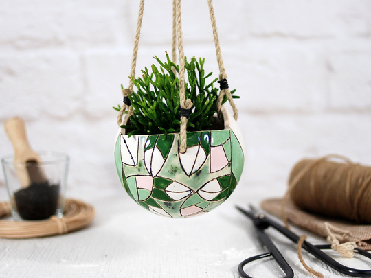 Ceramic Hanging Planter Mini/Indoor & Outdoor Modern Hand-Painted Plant Holder - Succulent Cactus Pot Unique Gift