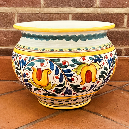 Round Ceramic Planter - Handmade in Italy & Decorated By Hand, Floral Pattern, For Houseplants, Ø 34 H 25.5cm