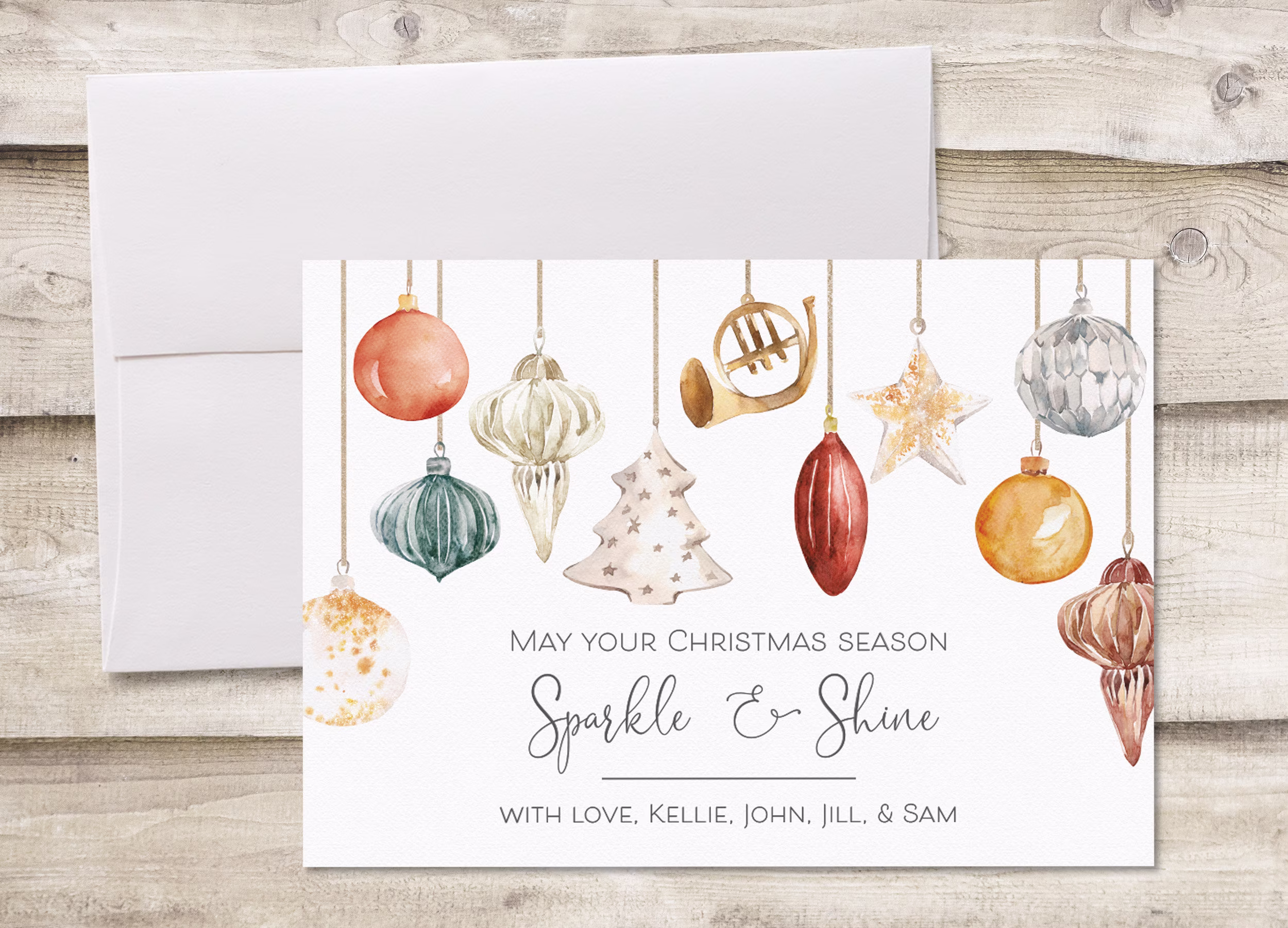 May Your Christmas Season Sparkle & Shine Non-Photo Card With Envelope, Gold Ornaments Family Holiday Without Photograph, Traditional