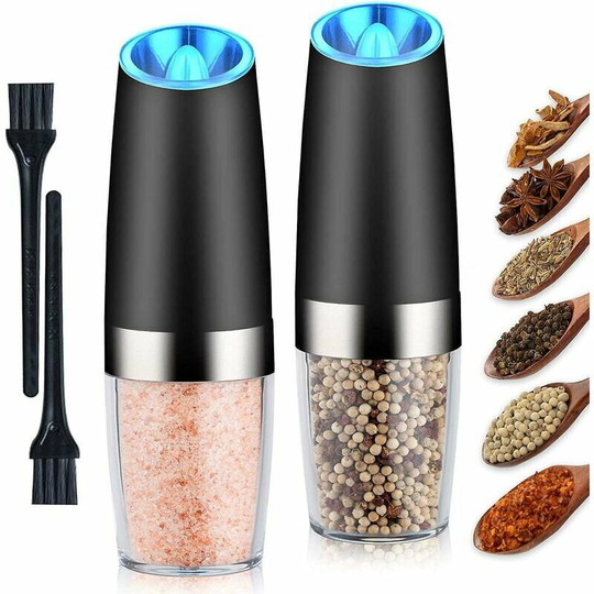 Electric Gravity Salt and Pepper Mill Set, Adjustable Thickness, Battery Driven, Operation