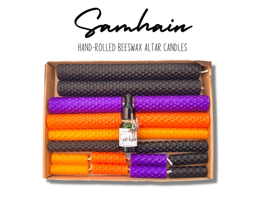 Samhain | Pack Of 18 Beeswax Altar Candles A4 Guide Wheel The Year Unscented Hand-Rolled Burn Time 35 To 160 Mins