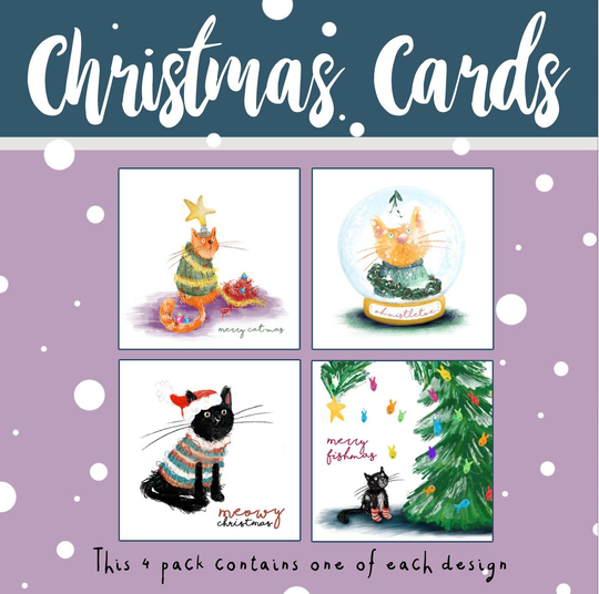 Festive Cats Christmas Cards Illustrated Catherine Redgate Card 4 Pack Funny Cute Winter Seasons Greetings Animal X-Mas Xmas Jumper Cat Snow