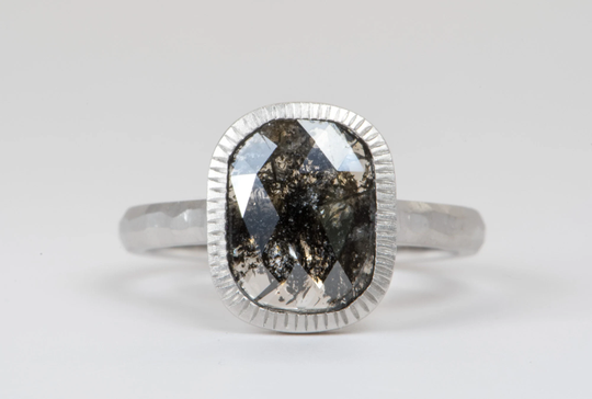 1.71Ct Clear Black Salt & Pepper Diamond 14K White Gold Engagement Ring Bezel Set Hammered Band Matte Finish Stunning Ooak Unique R6051