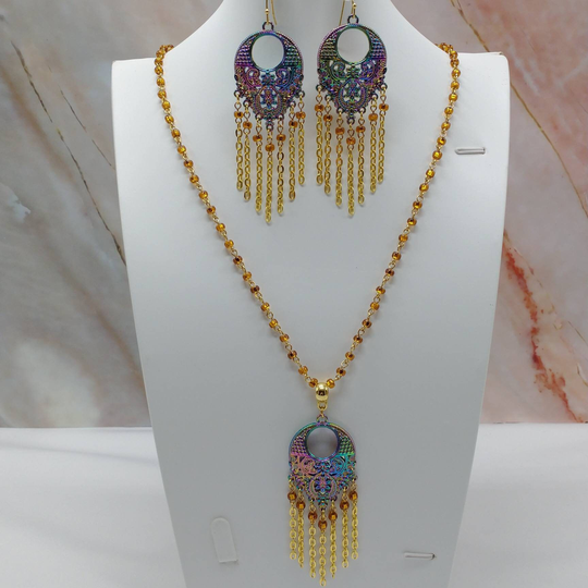 Bali Style Tan Seed Bead Beaded Necklace & Earring Set, Statement Unique Jewelry, Gift