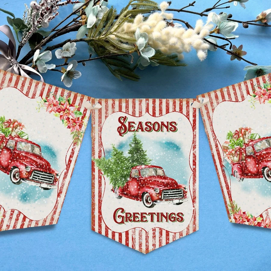 Retro Christmas Truck Bunting Seasons Greetings Banner Garland Holiday Decoration Xmas Party Tree
