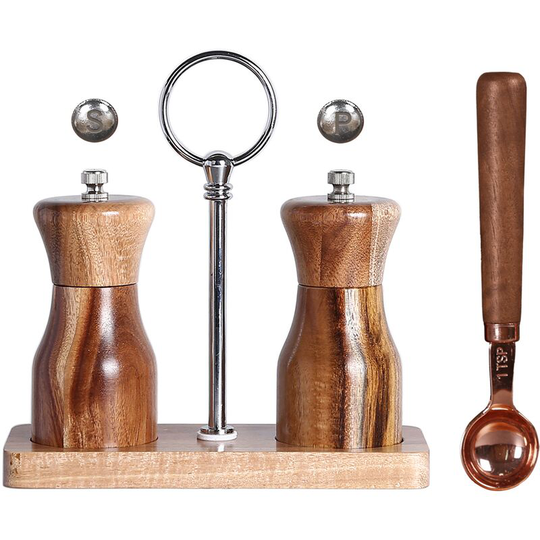 Wood Salt and Pepper Grinder Set, Manual Pepper mill, Refillable, Adjustable Coarseness Ceramic Rotor Acacia Double Grinding Set