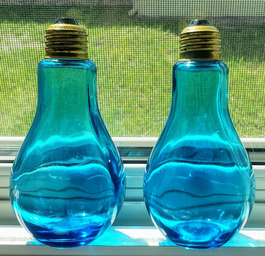 Aqua Blue Glass Light Bulb Salt + Pepper Shakers - Brass Tops Twist Off Vintage Made in Japan