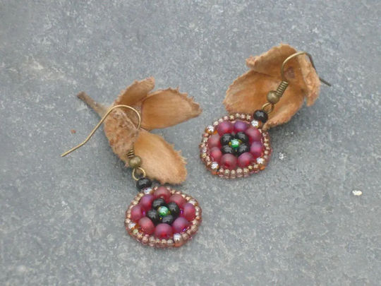 Poppy Earrings, Czech Seed Bead in Frosted Red, Black & Lustered Bronze Seed Beads, UK Seller