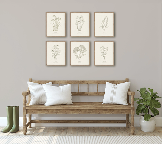 6 Botanical Prints Neutral Minimalist Line Drawing, Home Wall Art Set
