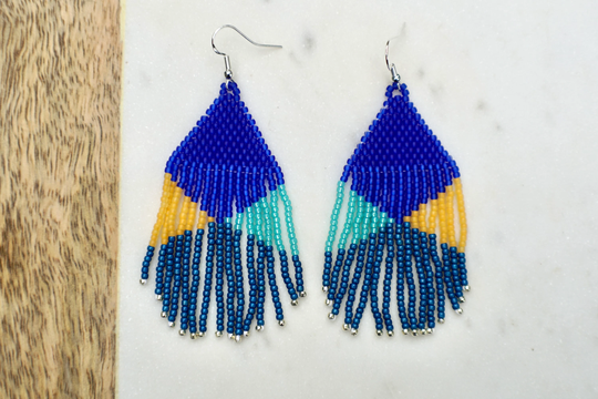 Handmade Chandelier/Fringe Seed Bead Earrings in Blues, Yellow, & Hint Of Silver