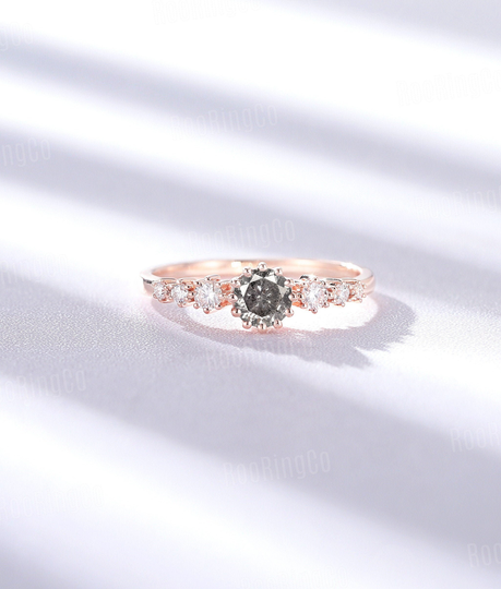 Salt & Pepper Diamond Engagement Ring Art Deco Rose Gold Vintage Unique Moissanite/Diamond Round Cut Anniversary Promise