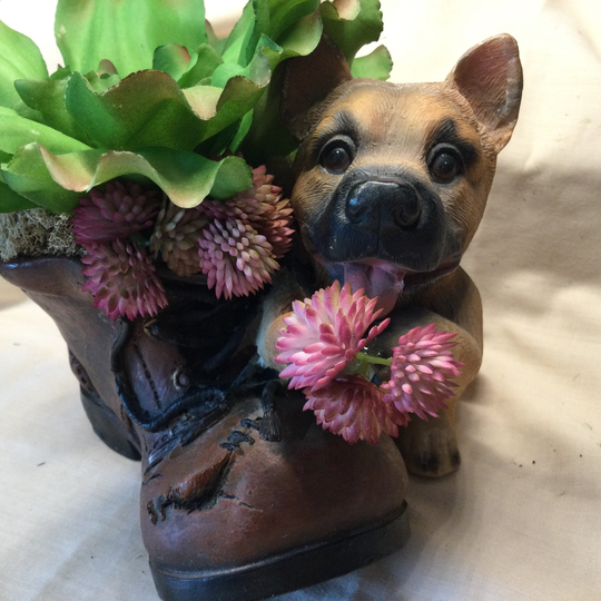 Cute Vintage Puppy Dog With Old Boot Planter Decorated Faux Succulent Plant Recycled