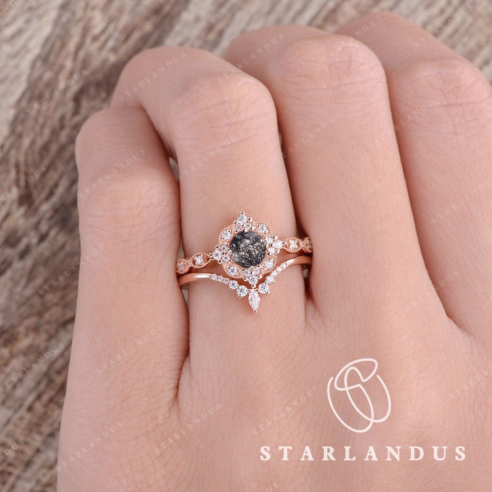 Art Deco Bridal Set 2Pcs Black Rutilated Quartz Engagement Ring Rose Gold Salt & Pepper Crystal Antique Flower Vine Vintage