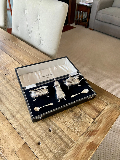 Ornate Antique Solid Silver Cruet Set in Box. Salts, Pepper Pot & Mustard Pot