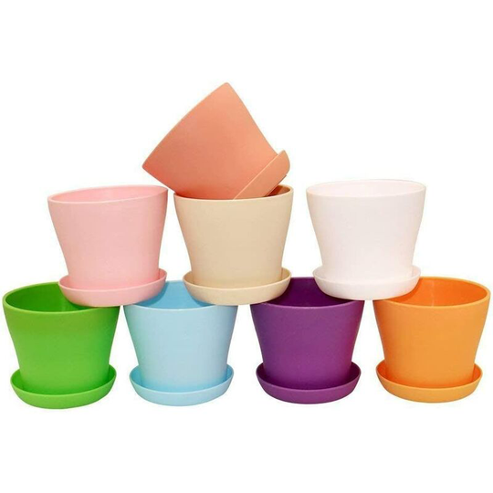 8pcs colourful plastic flower pots, 10cm indoor flower pots with palettes for potted plants and other small plants
