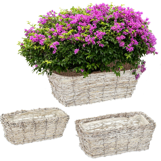 Relaxdays - Set of 3 Indoors Plant Pots in Various Sizes, made of Rattan, Lined with Foil, Square Planters, White/Natural