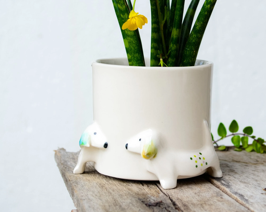 Doxie Mom Dachshund Planter Dog White Ceramic Porcelain, Wiener Gift, Planter, Art Pot Blue Grey