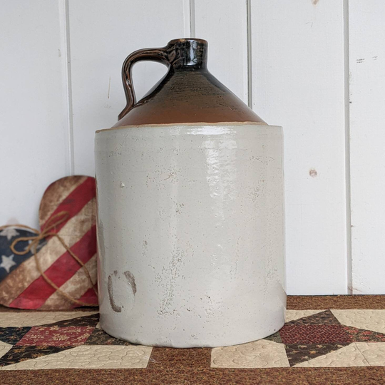 Jug 2 Gallon Dipped Two Tone Stoneware Shoulder Beige Salt Glaze & Dark Brown Crockery Rustic Country Farmhouse Decor Earthenware Whisky
